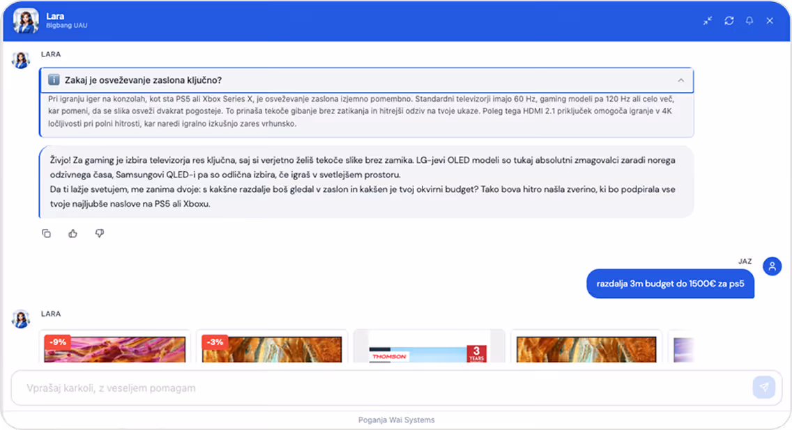 AI shopping advisor comparing products and asking about budget in a retail chat